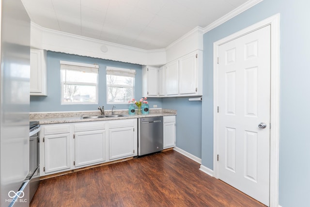 kitchen featuring dark hardwood / wood-style floors, white cabinetry, sink, ornamental molding, and stainless steel appliances