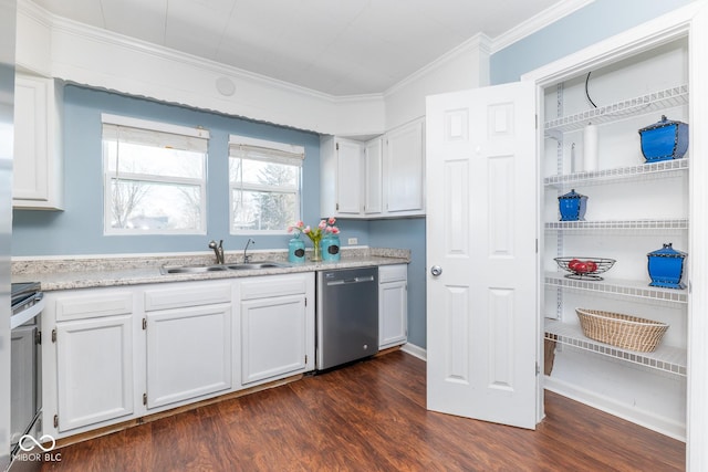 kitchen featuring sink, white cabinetry, ornamental molding, dark hardwood / wood-style flooring, and dishwasher