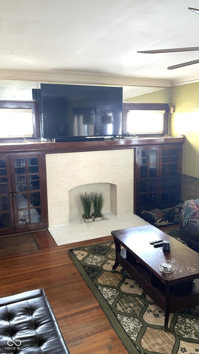 living room with a fireplace and dark wood-type flooring