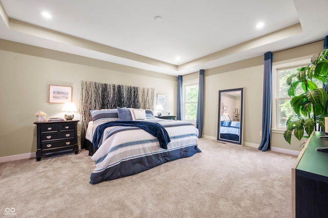 carpeted bedroom with a tray ceiling