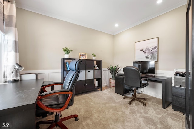 office with crown molding and light carpet