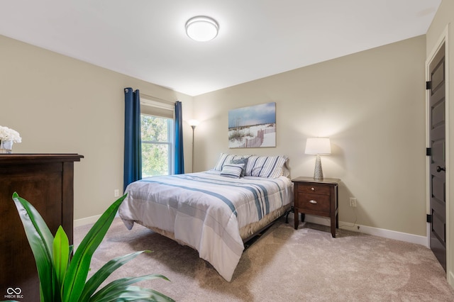 bedroom with light colored carpet