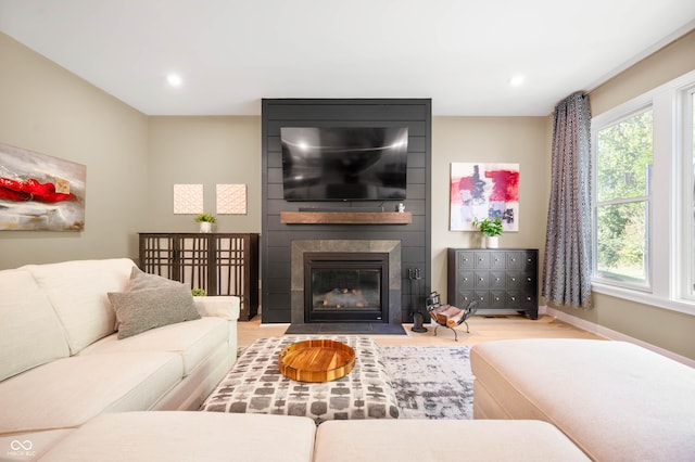 living room featuring a fireplace