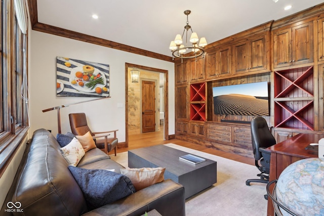 home office featuring a notable chandelier, wood finished floors, recessed lighting, crown molding, and baseboards