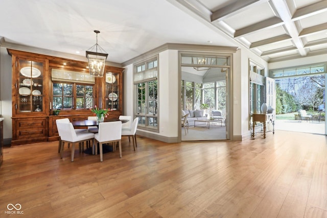 dining space featuring wood finished floors, baseboards, coffered ceiling, an inviting chandelier, and beamed ceiling