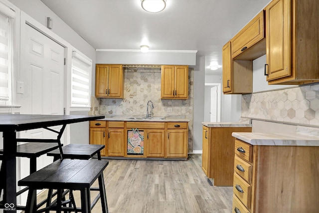 kitchen featuring tasteful backsplash, sink, and light hardwood / wood-style flooring