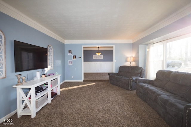 carpeted living room with crown molding