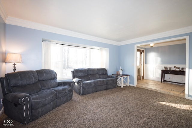 carpeted living room with ornamental molding