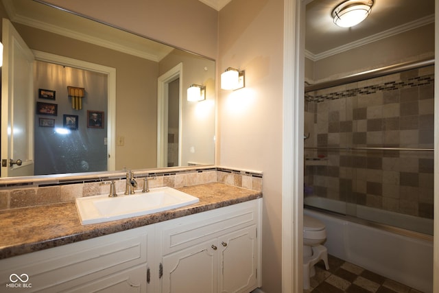 full bathroom with ornamental molding, vanity, shower / bath combination with glass door, and toilet