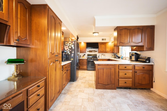 kitchen with stainless steel appliances, crown molding, wall chimney range hood, and kitchen peninsula