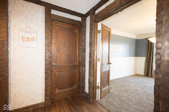 hall with crown molding and dark wood-type flooring