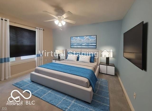 bedroom featuring carpet flooring and ceiling fan