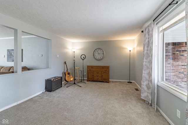 sitting room featuring carpet flooring, visible vents, a textured ceiling, and baseboards