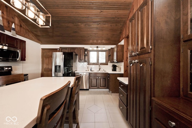 kitchen featuring appliances with stainless steel finishes, sink, backsplash, light tile patterned floors, and wooden ceiling