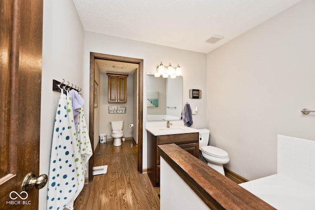 bathroom with vanity, wood-type flooring, and toilet