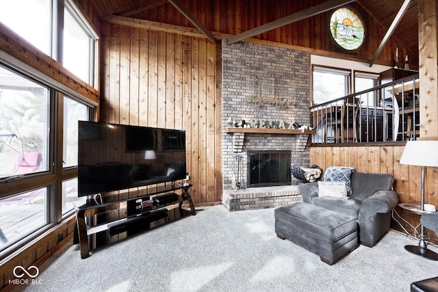 carpeted living room featuring wooden walls and a wealth of natural light