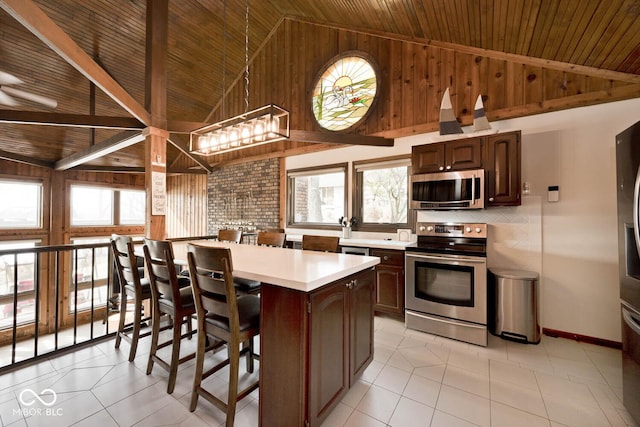 kitchen with wood ceiling, stainless steel appliances, and a kitchen island