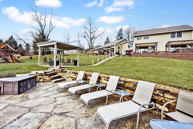 view of patio / terrace with a pergola and a playground