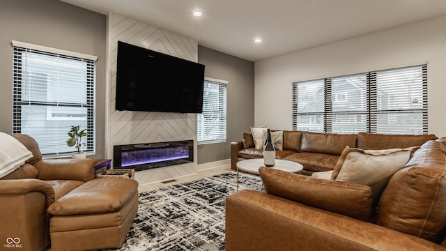 living room with a fireplace