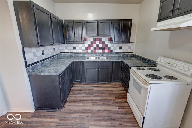 kitchen featuring tasteful backsplash, sink, dark wood-type flooring, and electric range