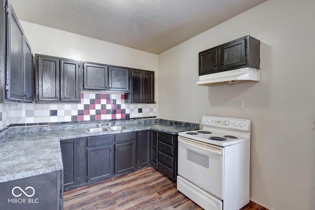 kitchen featuring sink, a textured ceiling, dark hardwood / wood-style flooring, decorative backsplash, and white range with electric stovetop