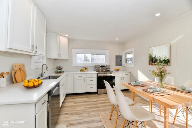 kitchen with stainless steel electric range oven, dishwasher, sink, white cabinets, and light hardwood / wood-style flooring