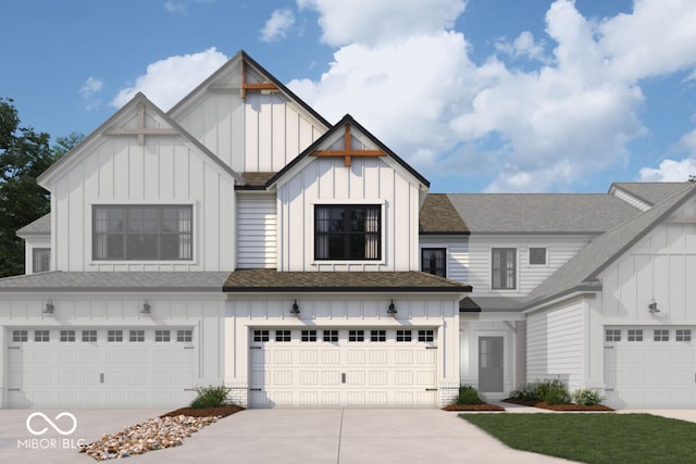 modern inspired farmhouse featuring a garage, concrete driveway, roof with shingles, board and batten siding, and brick siding