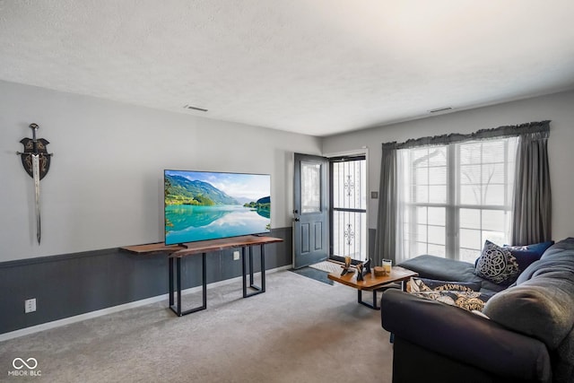 living room with a textured ceiling and carpet