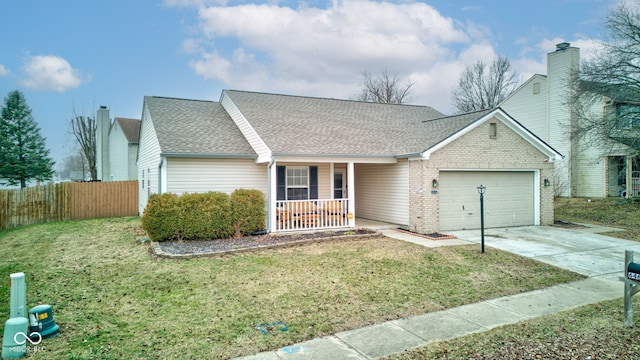 ranch-style house with a porch, a garage, and a front lawn