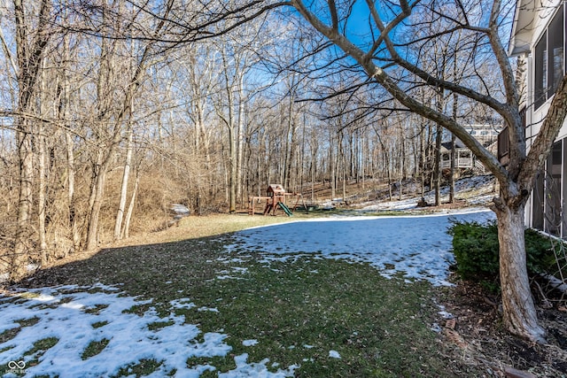 yard layered in snow with a playground