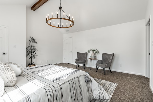 bedroom featuring beam ceiling, high vaulted ceiling, a notable chandelier, and dark carpet