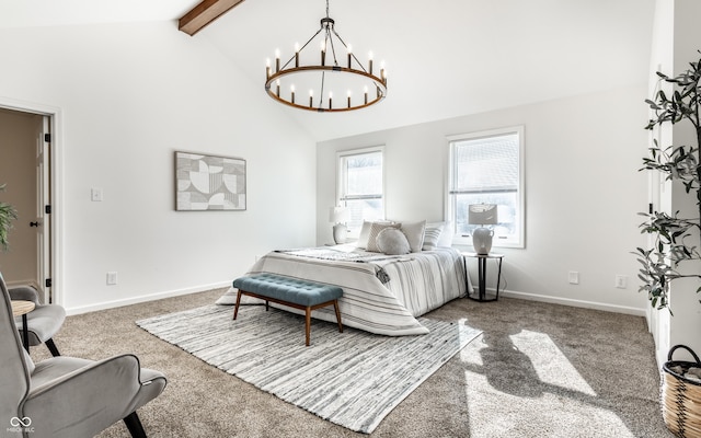 bedroom featuring beamed ceiling, a chandelier, high vaulted ceiling, and carpet