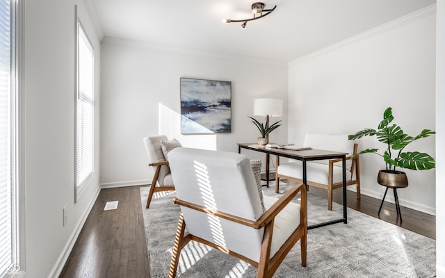 office area with hardwood / wood-style flooring and ornamental molding