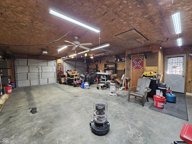 garage with a workshop area