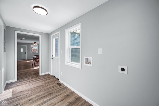 washroom with hookup for a washing machine, electric dryer hookup, hardwood / wood-style flooring, and ceiling fan