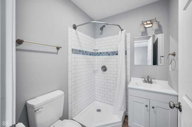 bathroom featuring vanity, toilet, and a shower with shower curtain