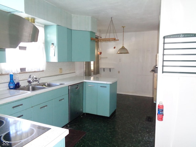 kitchen featuring stainless steel dishwasher, decorative light fixtures, kitchen peninsula, and sink