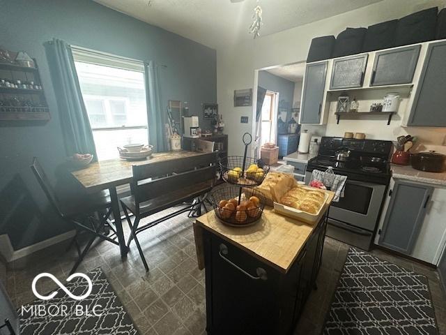 kitchen featuring stainless steel electric range oven and gray cabinets