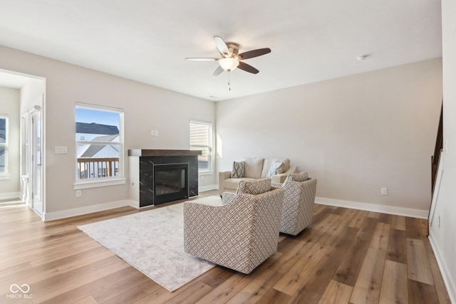 living room with a premium fireplace, plenty of natural light, and hardwood / wood-style floors