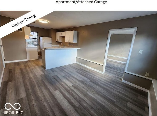 kitchen featuring sink, white cabinetry, white refrigerator, dark hardwood / wood-style flooring, and kitchen peninsula