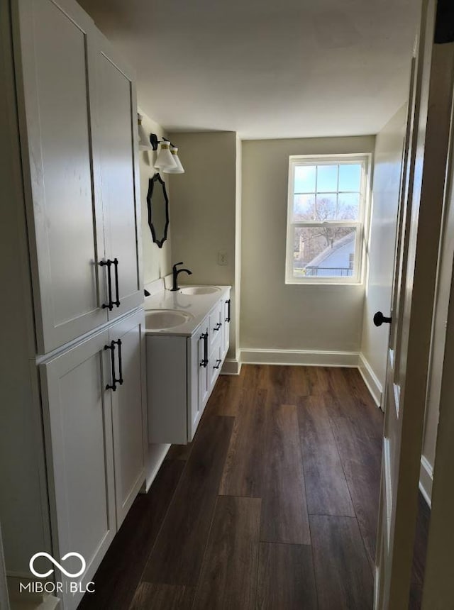 bathroom with vanity and hardwood / wood-style floors