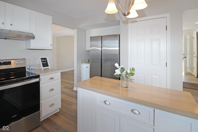 kitchen featuring butcher block countertops, white cabinetry, hanging light fixtures, dark hardwood / wood-style floors, and stainless steel appliances