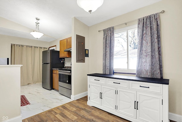 kitchen with light hardwood / wood-style flooring, appliances with stainless steel finishes, electric panel, pendant lighting, and white cabinets