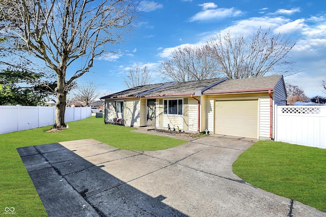 single story home with a garage and a front yard