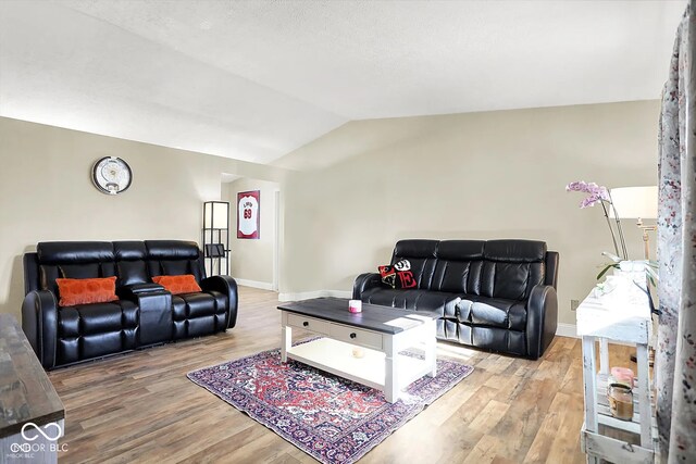 living room featuring hardwood / wood-style flooring and lofted ceiling