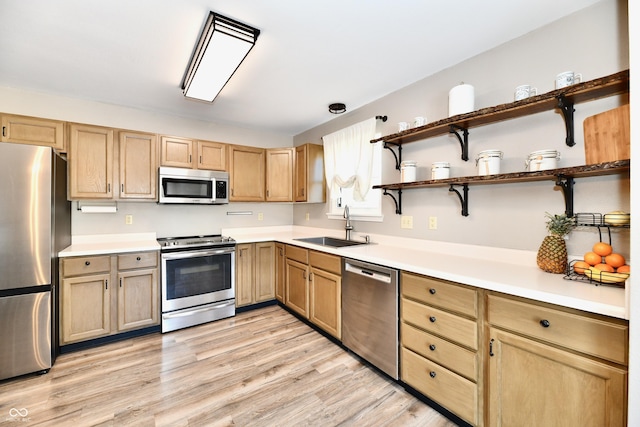 kitchen featuring stainless steel appliances, sink, and light hardwood / wood-style floors