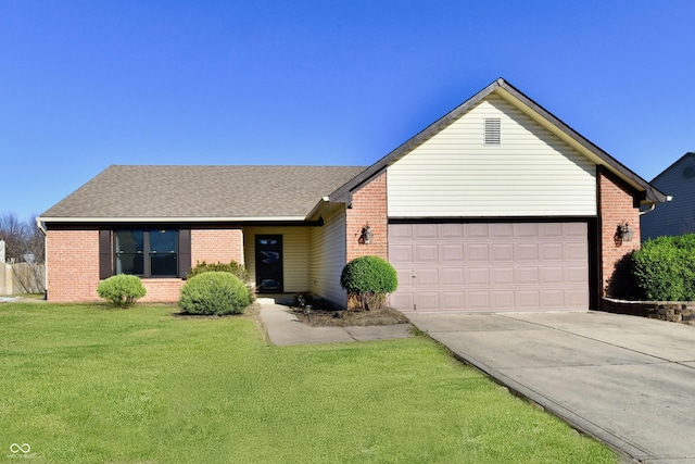 ranch-style home with a garage and a front yard