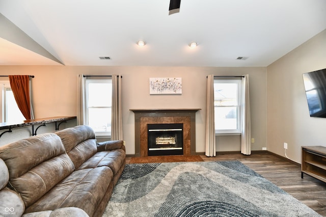 living room featuring dark hardwood / wood-style floors, a healthy amount of sunlight, lofted ceiling, and a fireplace