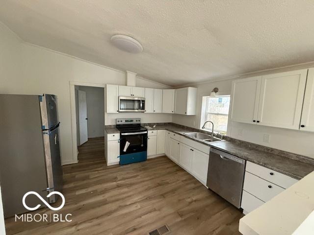 kitchen with sink, vaulted ceiling, a textured ceiling, appliances with stainless steel finishes, and white cabinets