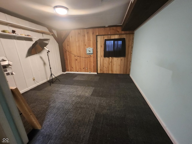 interior space with dark carpet and wooden walls